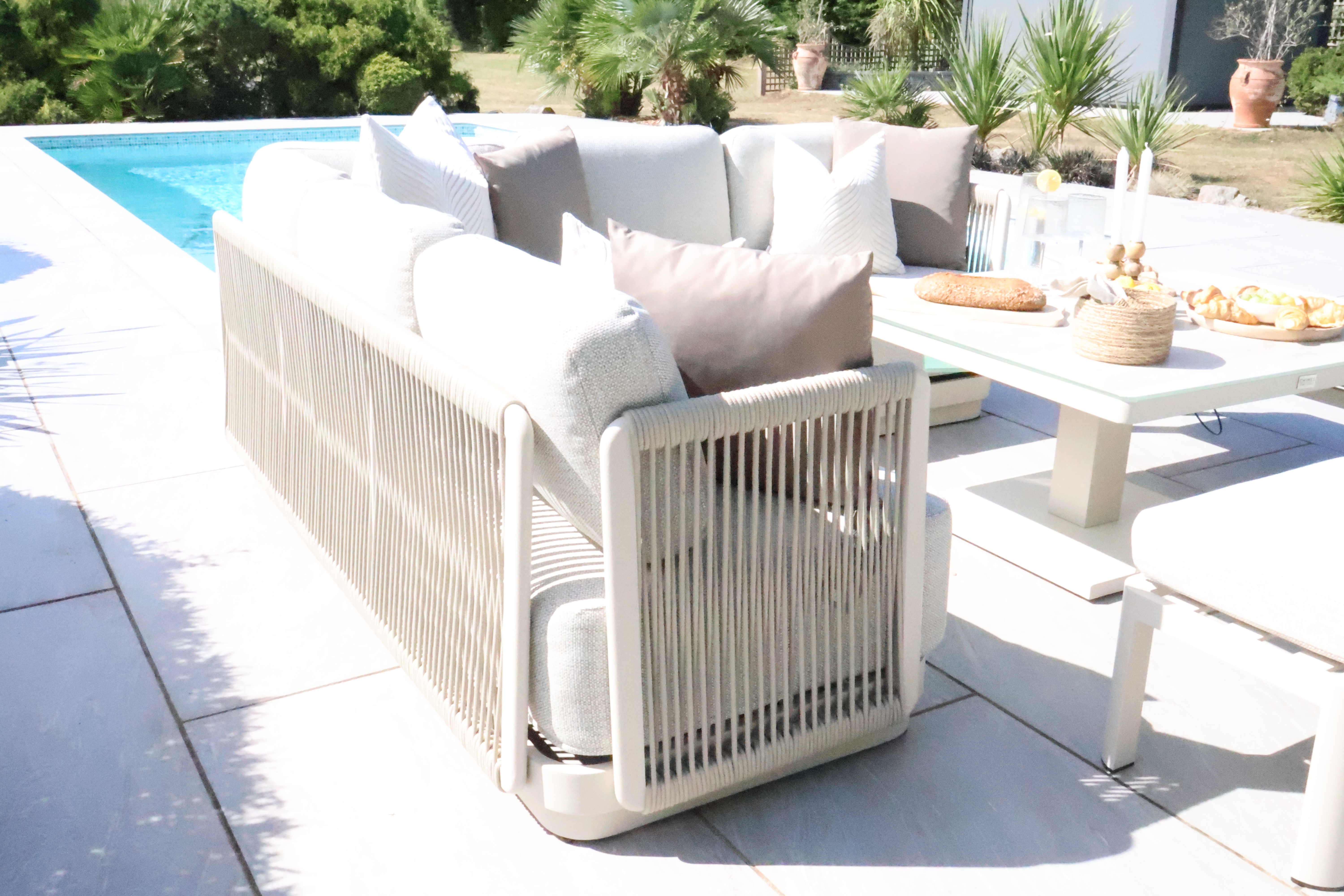 Chimes - Portofino Aluminium & Rope Compact Corner Dining Set With Rising Table - Cream